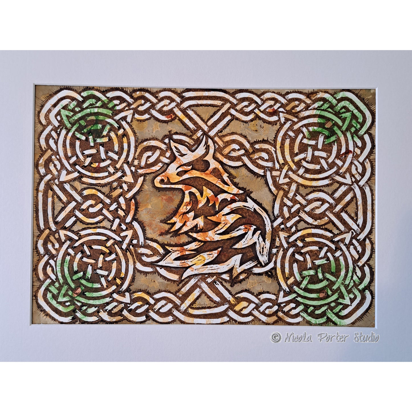 Celtic Fox - Mixed media linocut