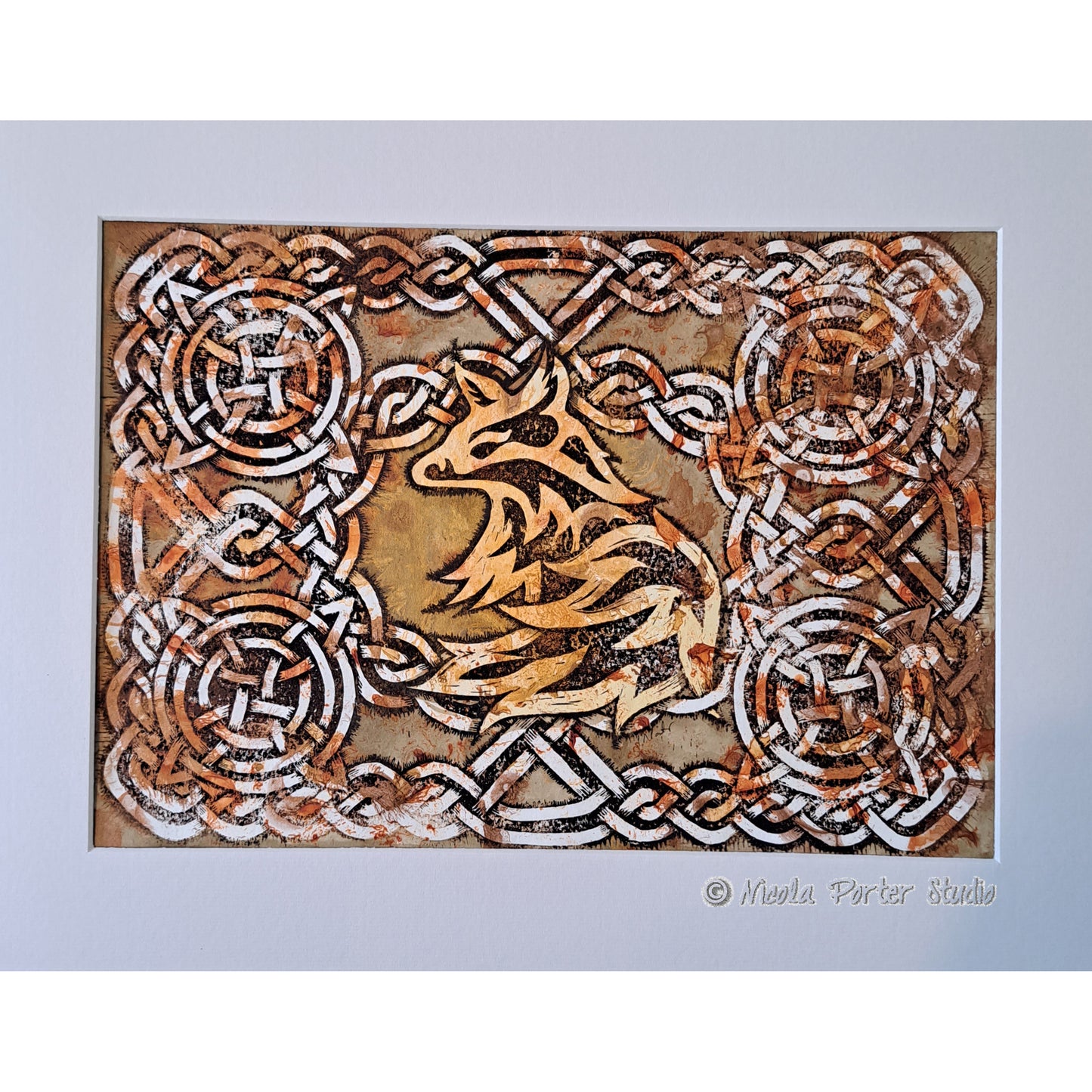 Celtic Fox - Mixed media linocut