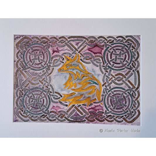 Celtic Fox - Mixed media linocut