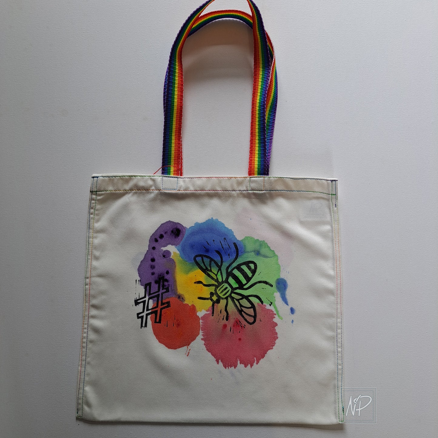 Rainbow tote bag with # and Manchester Bee - double sided