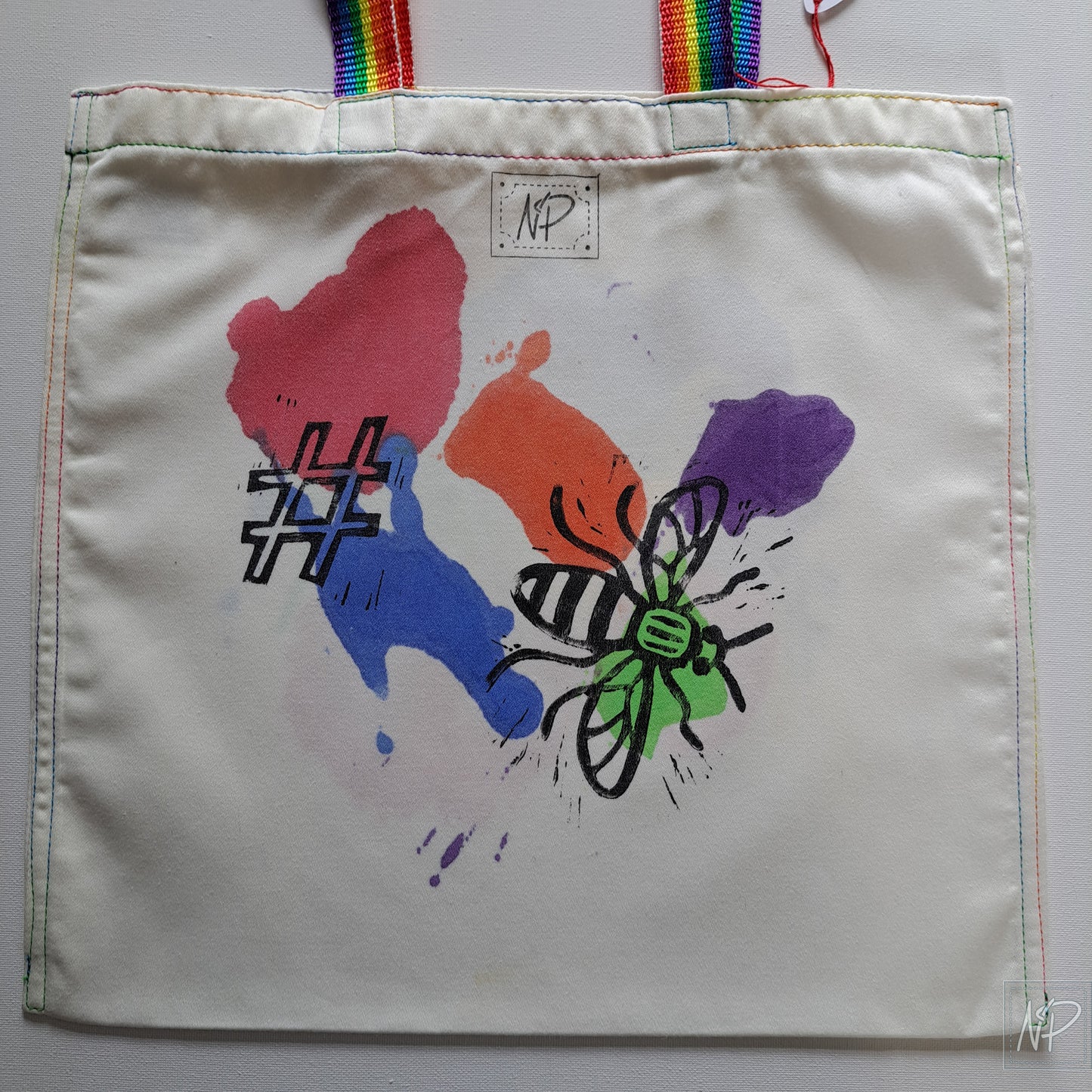 Rainbow tote bag with # and Manchester Bee - double sided