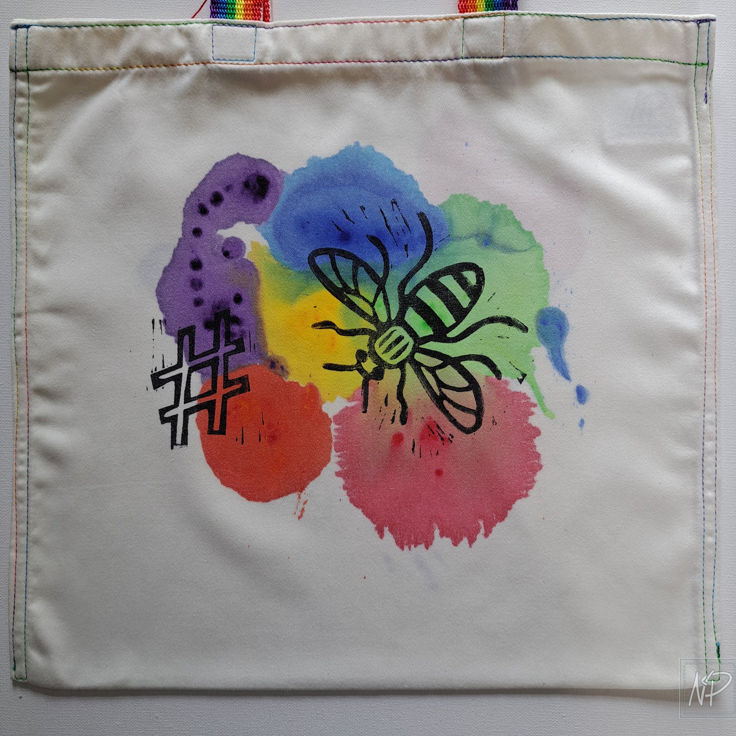 Rainbow tote bag with # and Manchester Bee - double sided