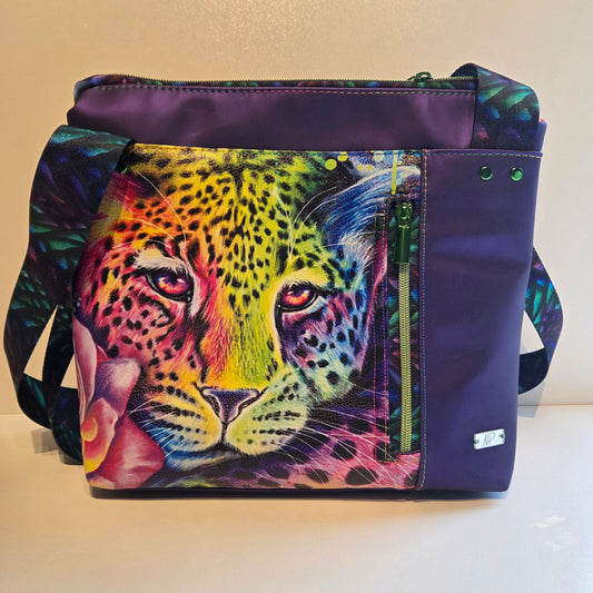 Tote with a colourful leopard design on a plain background