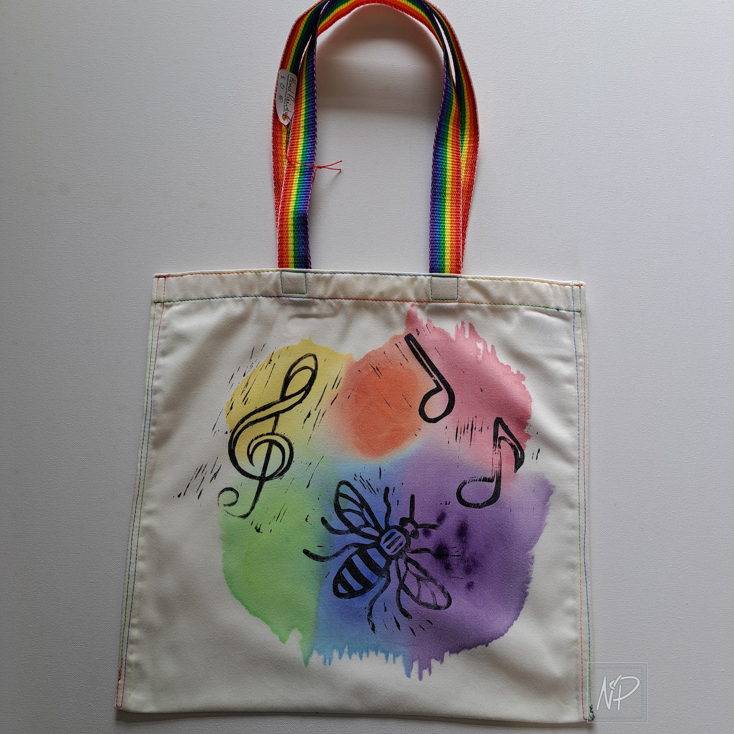 Rainbow Tote Bag with Manchester Bee and Music Symbols - single sided