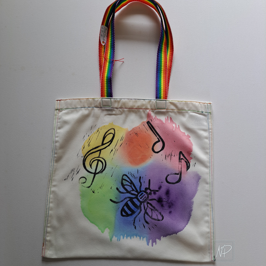 Rainbow Tote Bag with Manchester Bee and Music Symbols - single sided