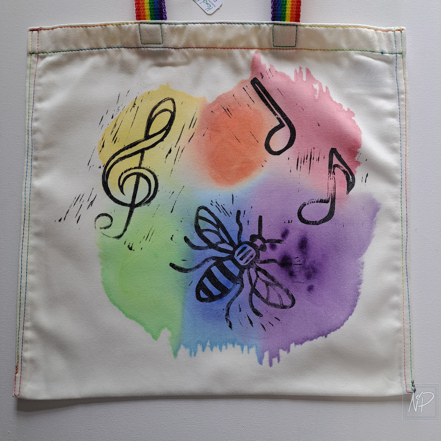 Rainbow Tote Bag with Manchester Bee and Music Symbols - single sided