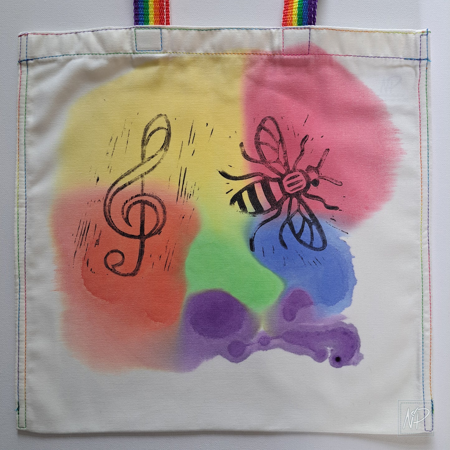 Rainbow Tote Bag with Treble Clef & Manchester Bee - single sided