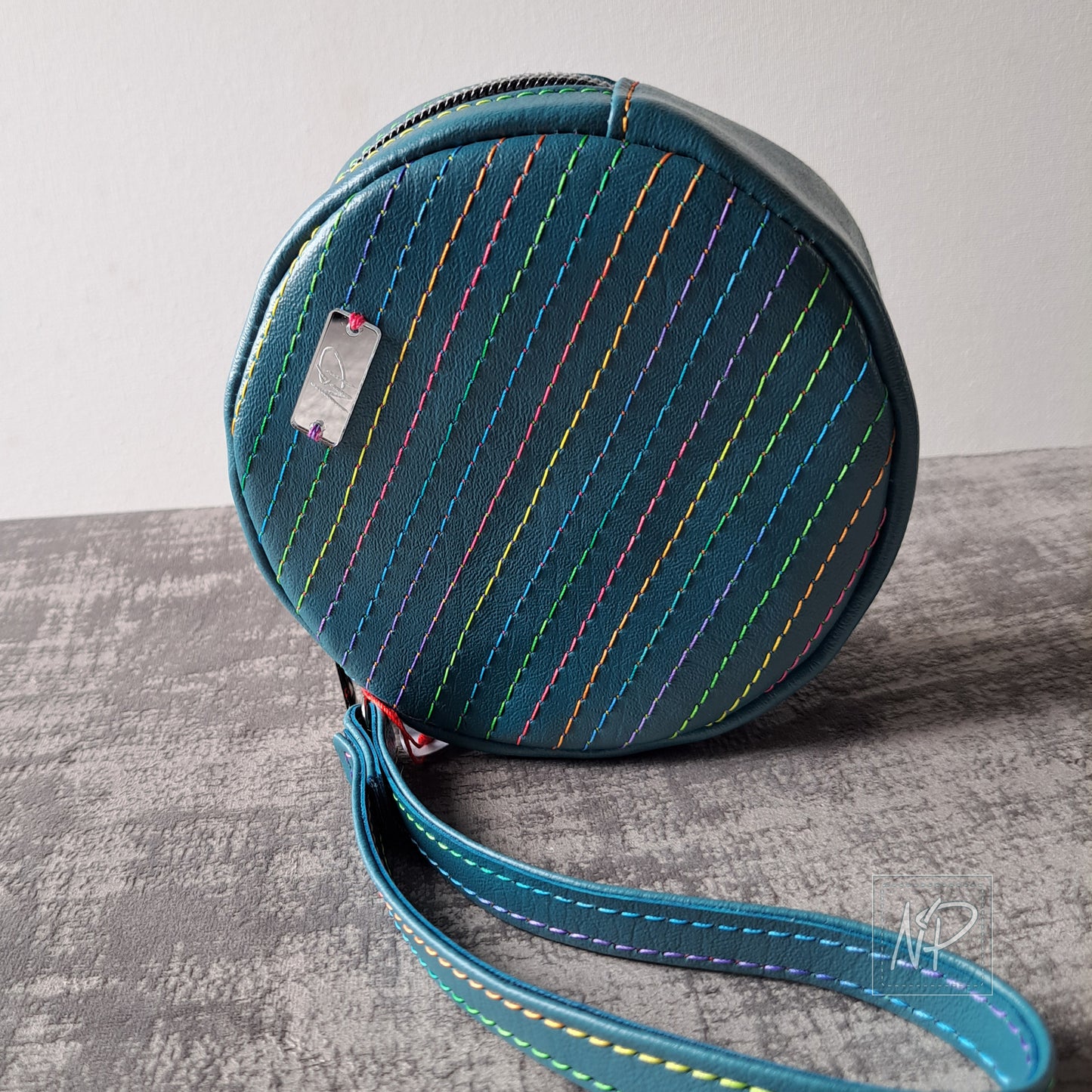 Turquoise Faux Leather Round Rosie Wristlet